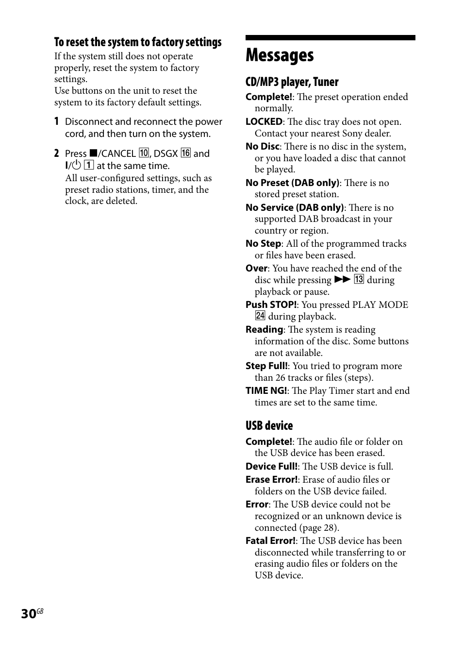 Messages, Cd/mp3 player, tuner, Usb device | Sony CMT-HX80 User Manual | Page 30 / 36