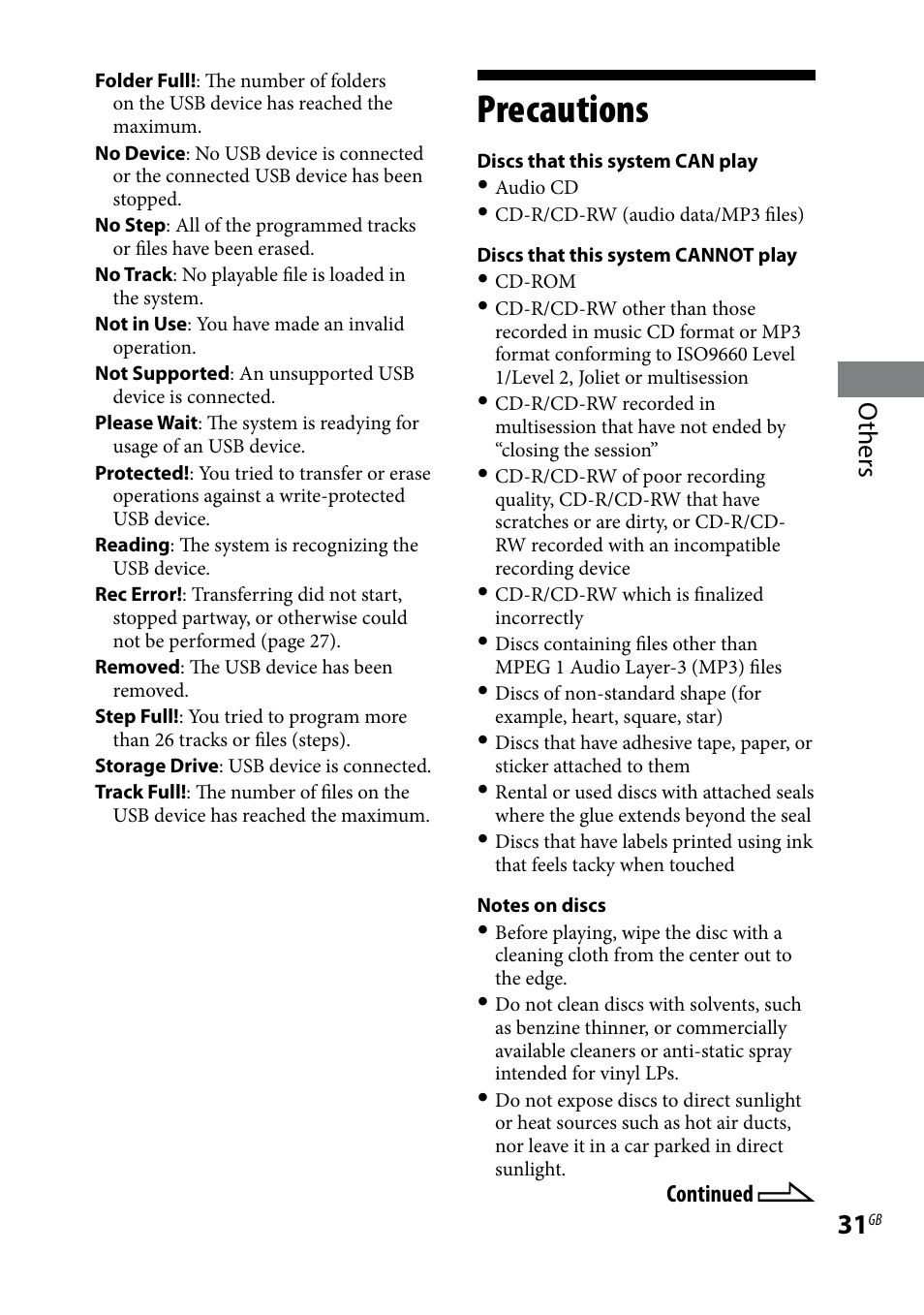 Precautions, Others | Sony CMT-HX80 User Manual | Page 31 / 36