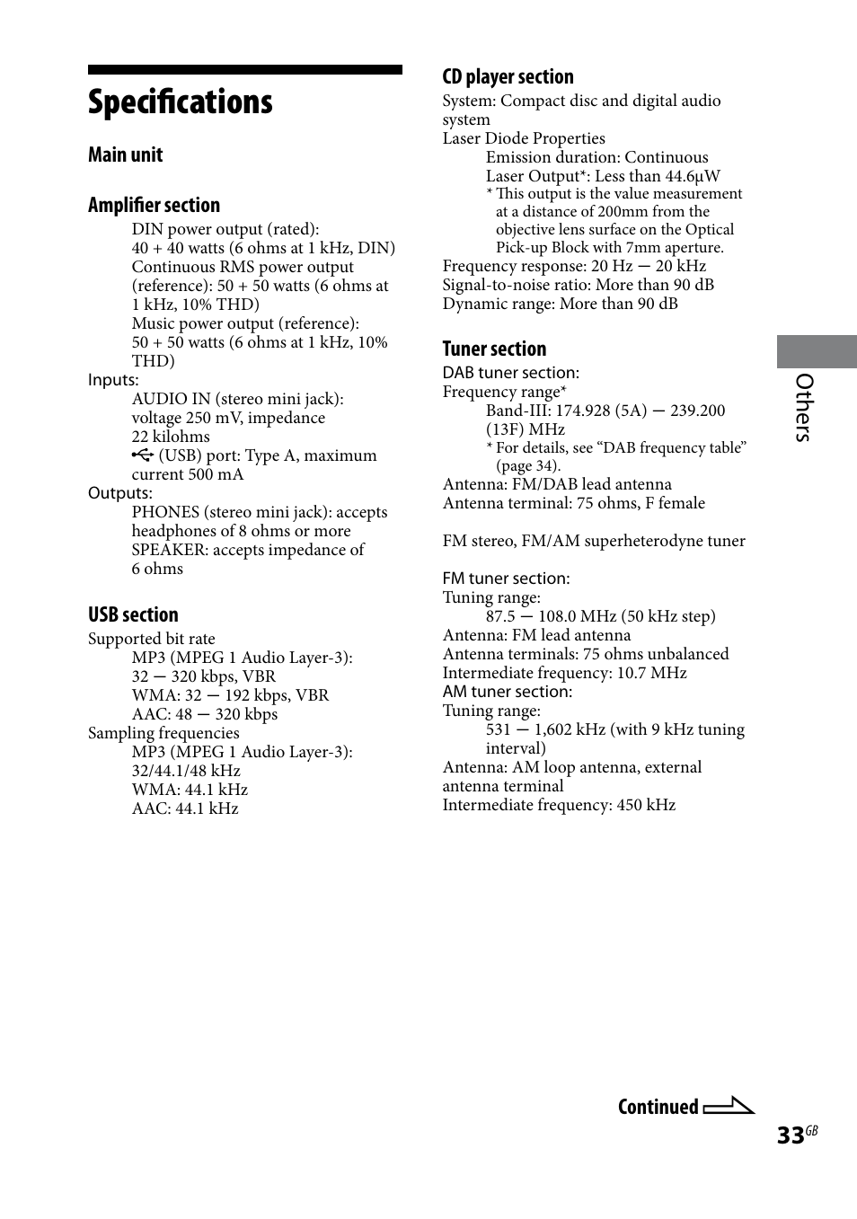 Specifications, Others, Continued | Sony CMT-HX80 User Manual | Page 33 / 36