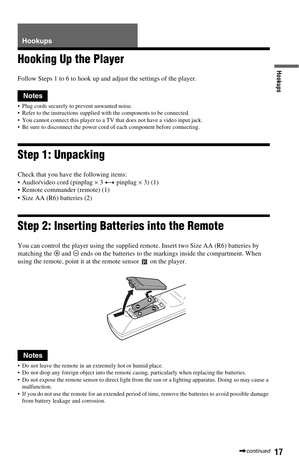 Hookups, Hooking up the player, Step 1: unpacking | Step 2: inserting batteries into the remote, R) (17) | Sony DVP-NS501P User Manual | Page 17 / 80