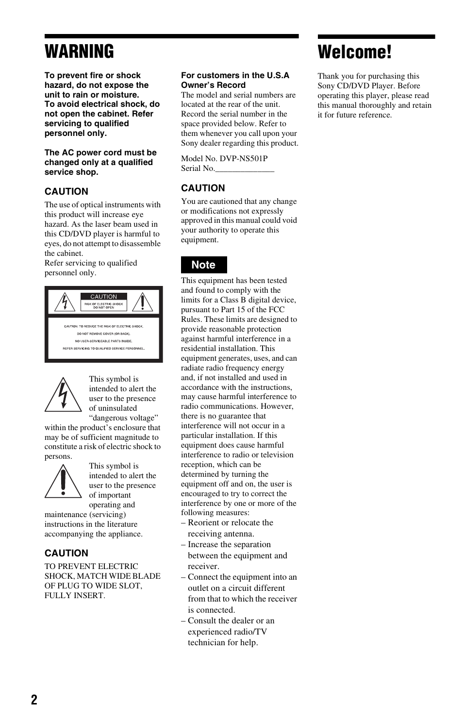 Warning, Welcome | Sony DVP-NS501P User Manual | Page 2 / 80