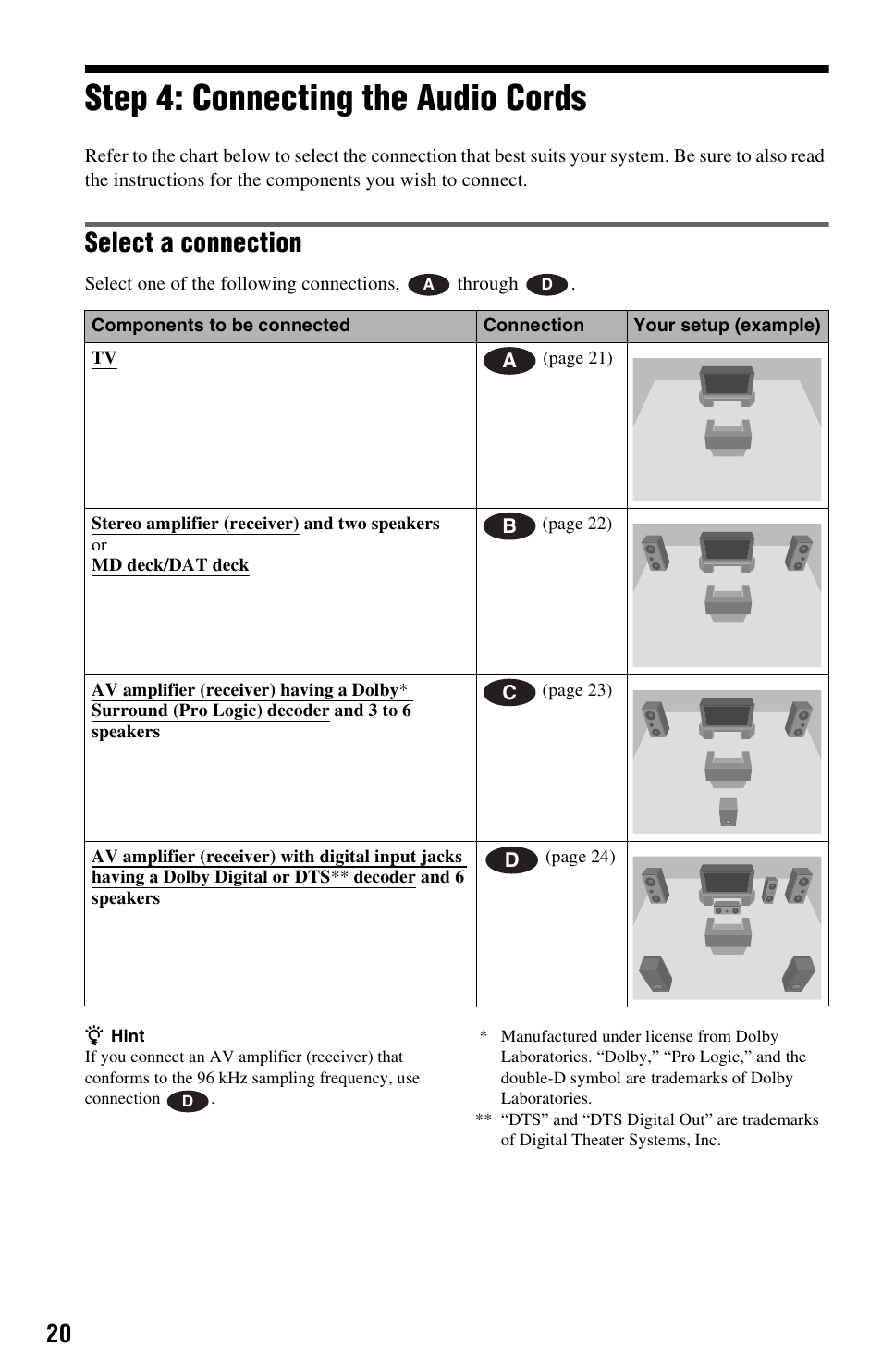 Step 4: connecting the audio cords, Select a connection | Sony DVP-NS501P User Manual | Page 20 / 80