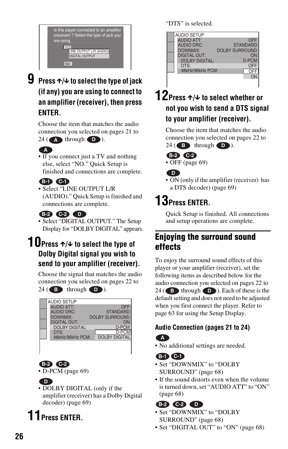 Enjoying the surround sound effects, Press enter | Sony DVP-NS501P User Manual | Page 26 / 80