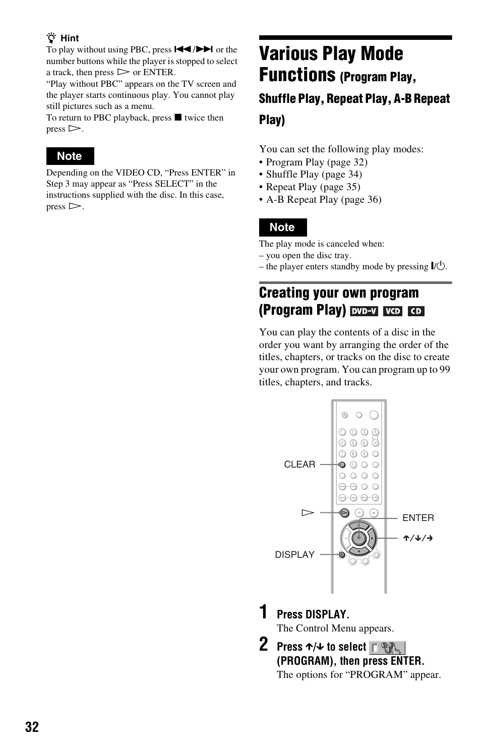 Various play mode functions, N (32, Creating your own program (program play) | Sony DVP-NS501P User Manual | Page 32 / 80