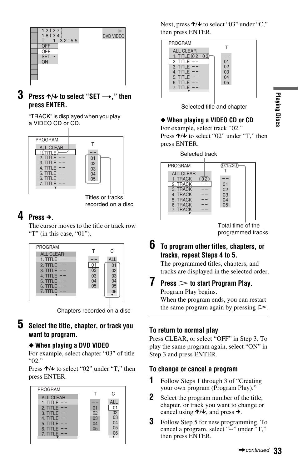 Press x / x to select “set, Then press enter, Press c | Press h to start program play | Sony DVP-NS501P User Manual | Page 33 / 80