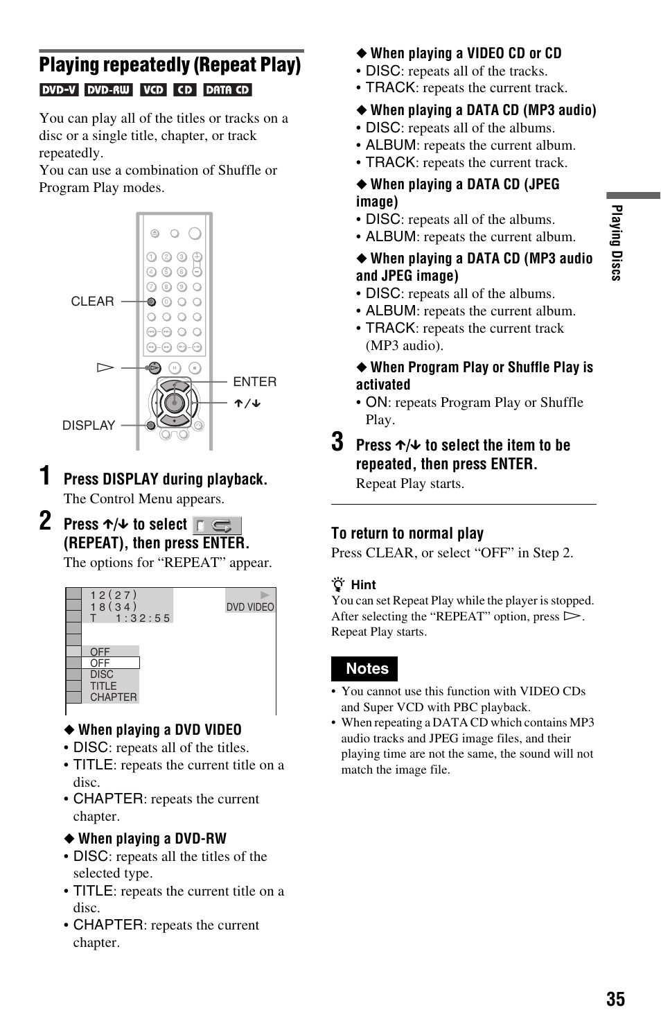 Playing repeatedly (repeat play) | Sony DVP-NS501P User Manual | Page 35 / 80