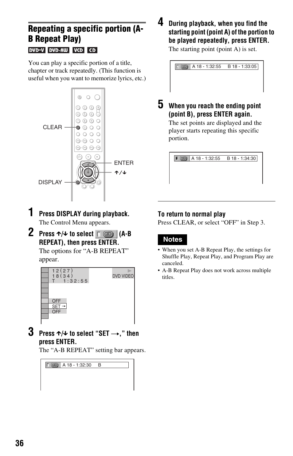 Repeating a specific portion (a- b repeat play) | Sony DVP-NS501P User Manual | Page 36 / 80