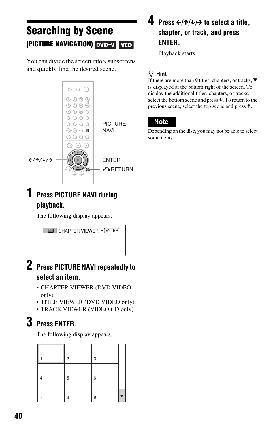 Searching by scene (picture navigation), Searching by scene, N (40 | Sony DVP-NS501P User Manual | Page 40 / 80