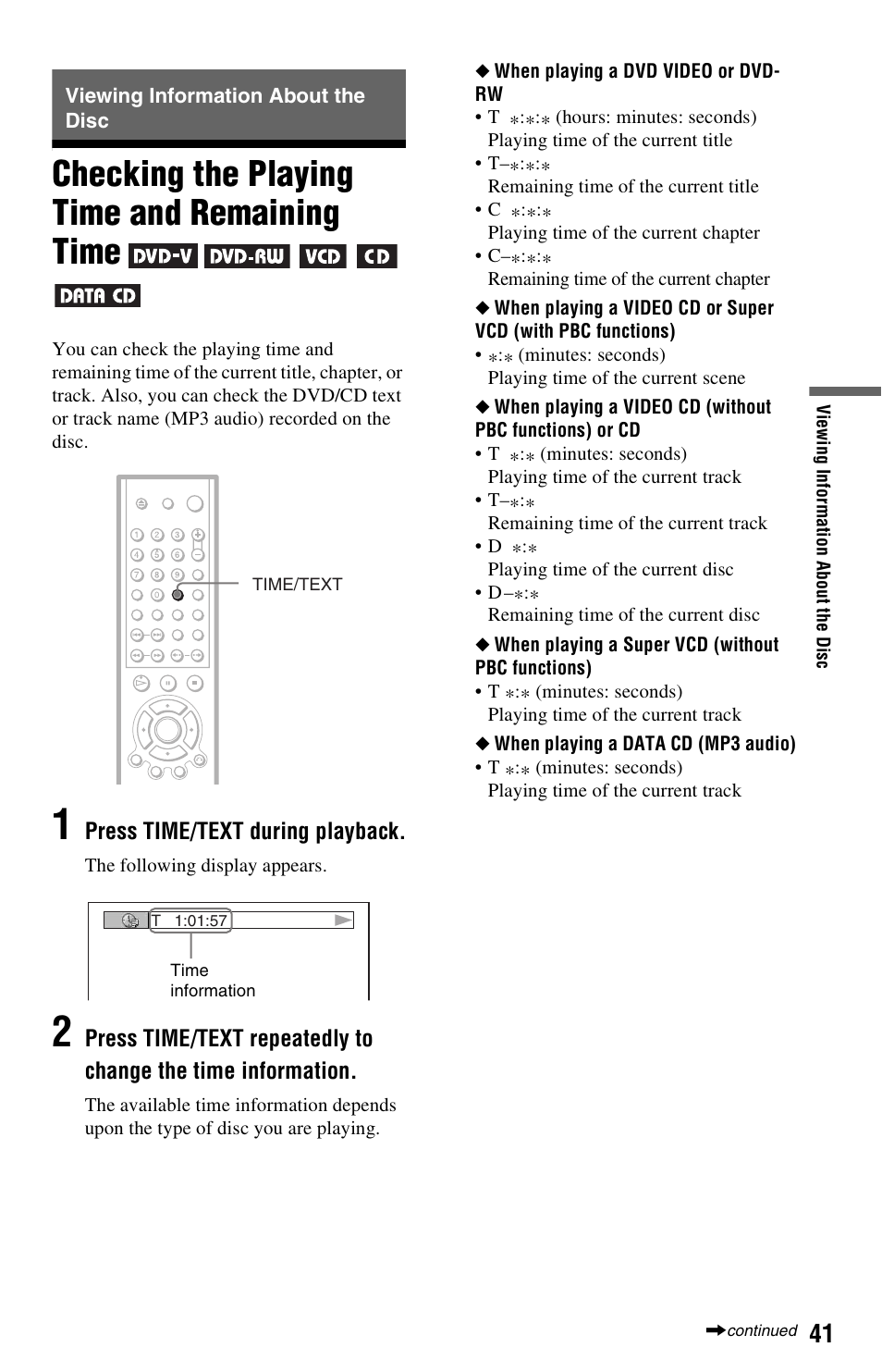 Viewing information about the disc, Checking the playing time and remaining time, N (41 | Sony DVP-NS501P User Manual | Page 41 / 80