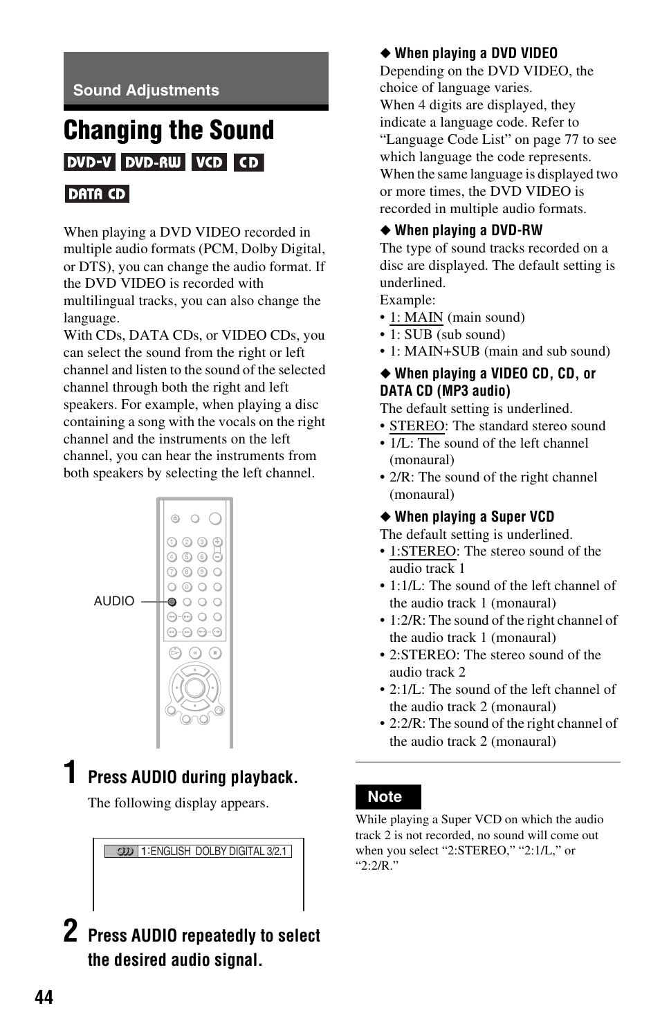 Sound adjustments, Changing the sound | Sony DVP-NS501P User Manual | Page 44 / 80