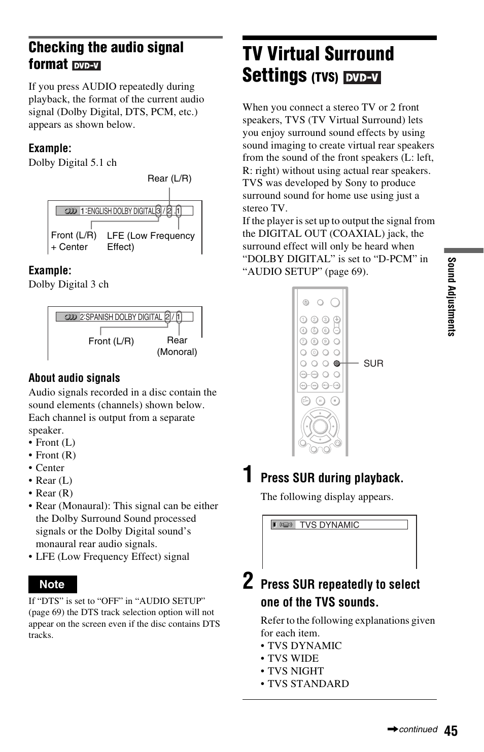 Tv virtual surround settings (tvs), Tv virtual surround settings, Checking the audio signal format | Sony DVP-NS501P User Manual | Page 45 / 80