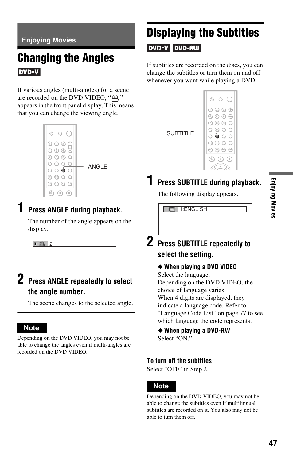Enjoying movies, Changing the angles, Displaying the subtitles | Changing the angles displaying the subtitles | Sony DVP-NS501P User Manual | Page 47 / 80