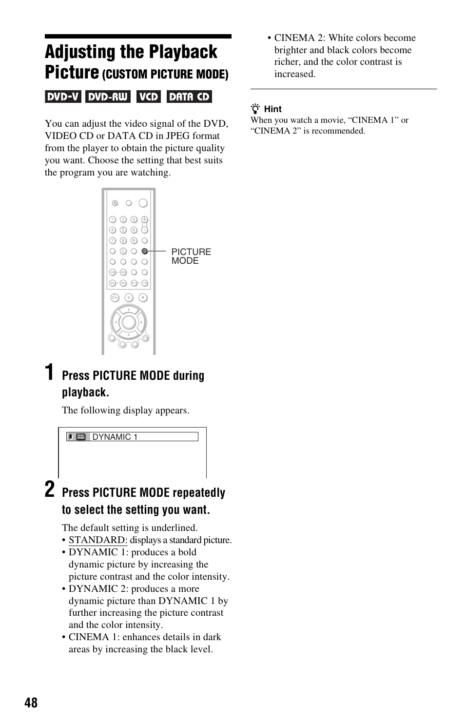 Adjusting the playback picture | Sony DVP-NS501P User Manual | Page 48 / 80