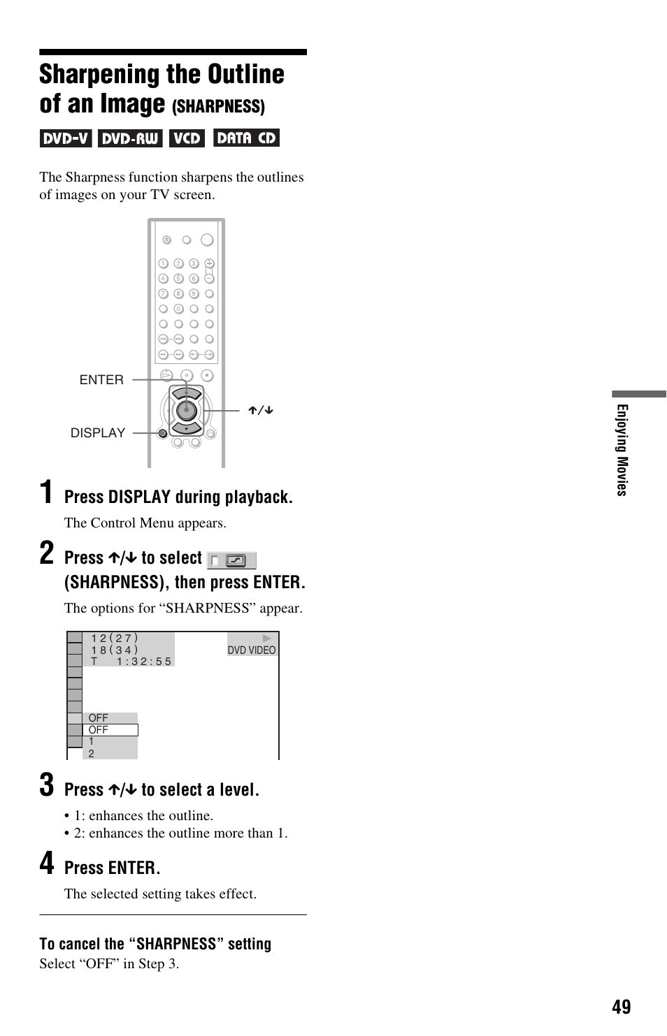 Sharpening the outline of an image (sharpness), Sharpening the outline of an image | Sony DVP-NS501P User Manual | Page 49 / 80