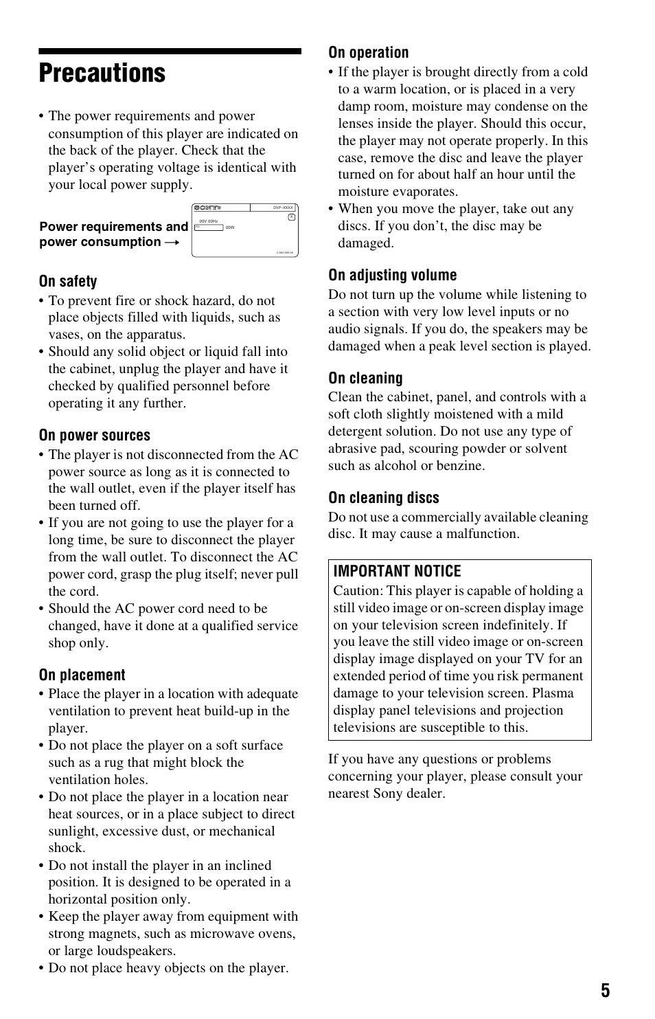 Precautions | Sony DVP-NS501P User Manual | Page 5 / 80