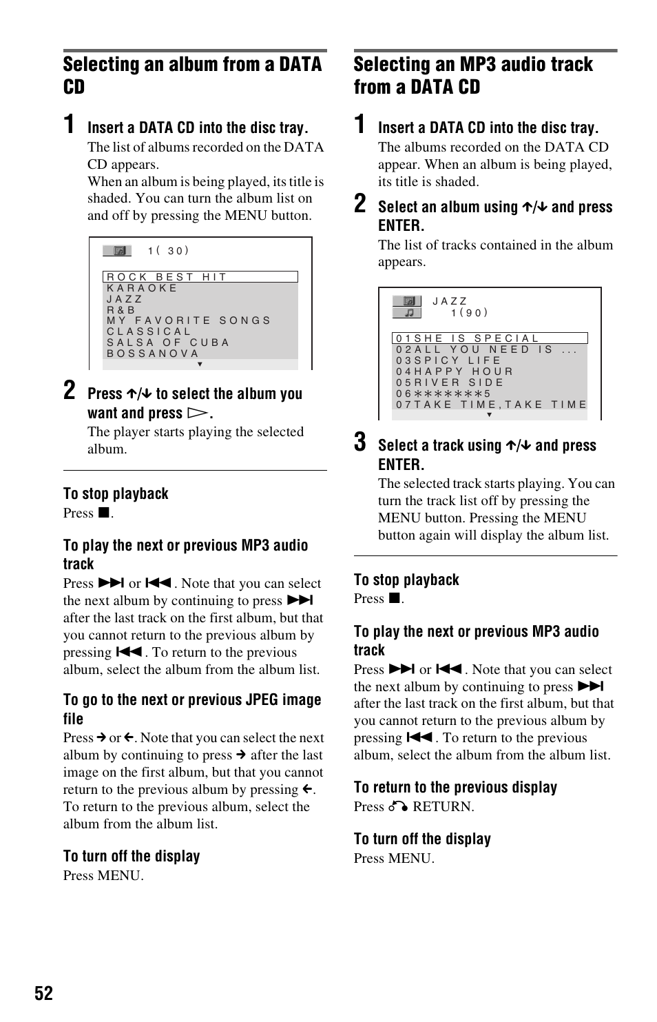 Selecting an album from a data cd, Selecting an mp3 audio track from a data cd | Sony DVP-NS501P User Manual | Page 52 / 80