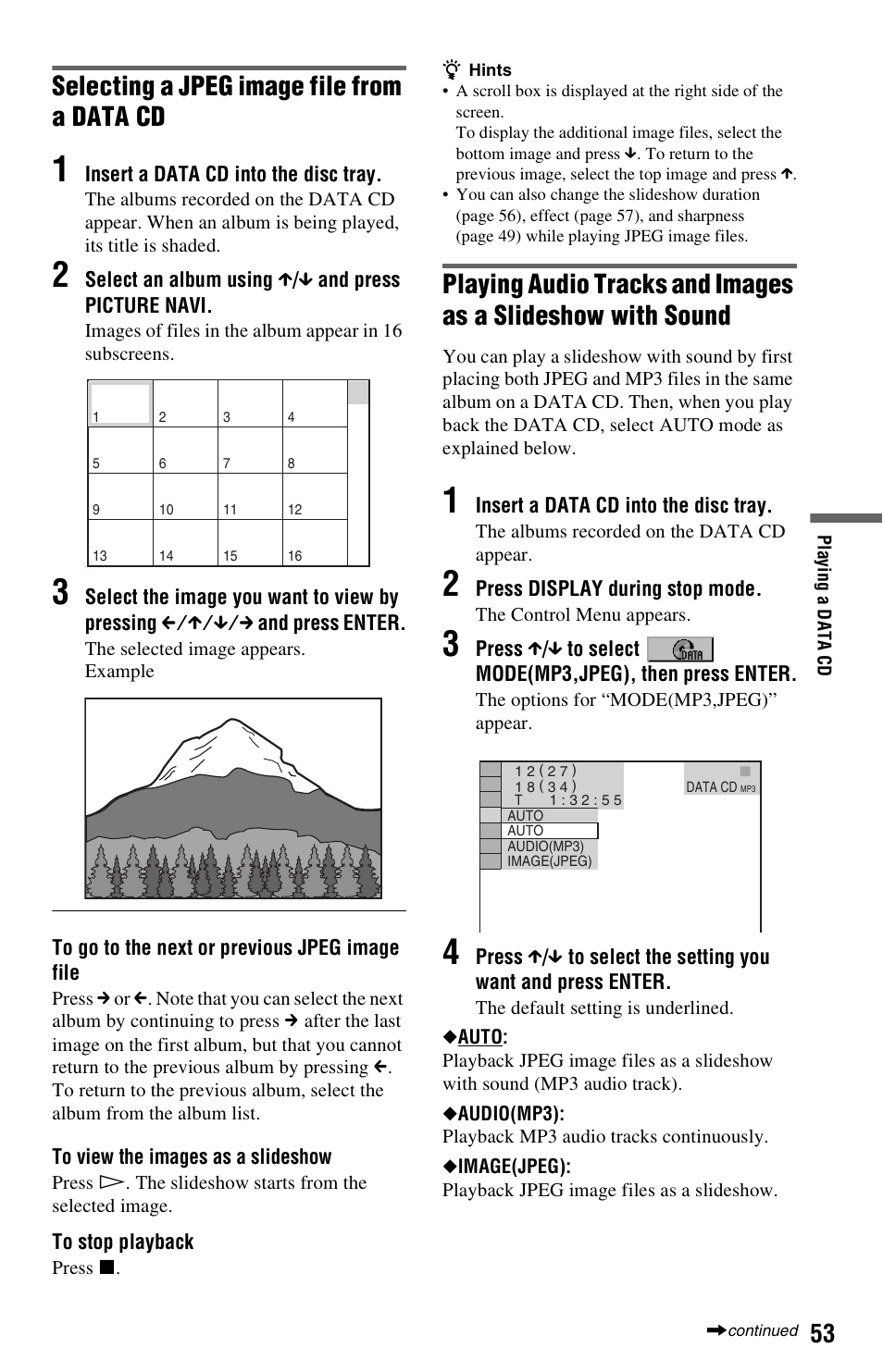 Selecting a jpeg image file from a data cd | Sony DVP-NS501P User Manual | Page 53 / 80