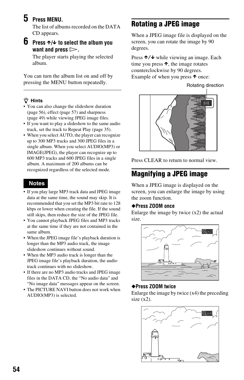 Rotating a jpeg image, Magnifying a jpeg image | Sony DVP-NS501P User Manual | Page 54 / 80