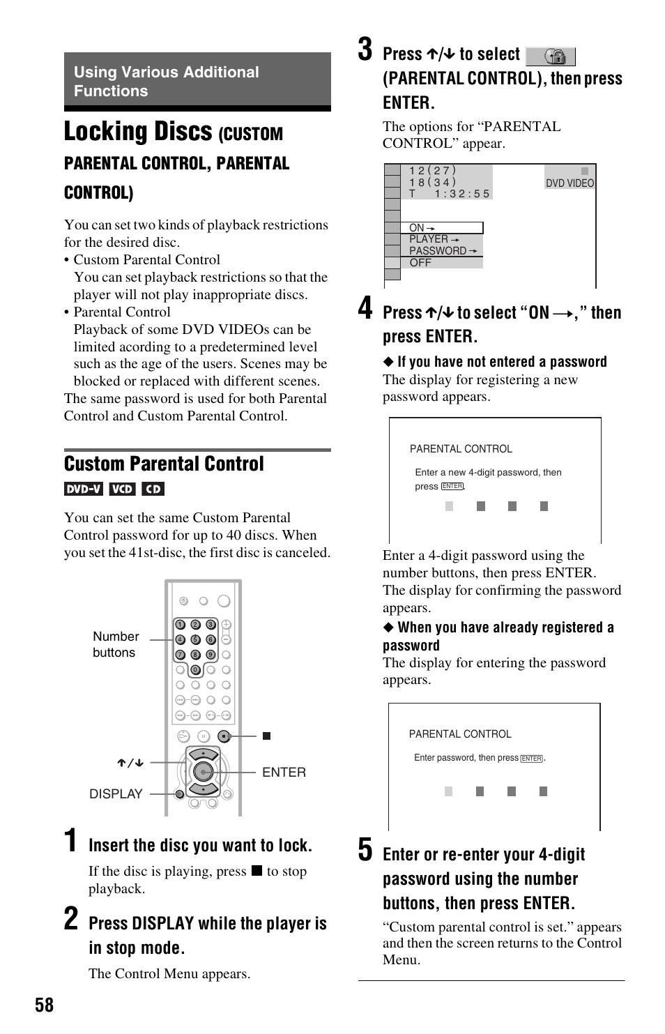 Using various additional functions, Locking discs, Custom parental control | Sony DVP-NS501P User Manual | Page 58 / 80