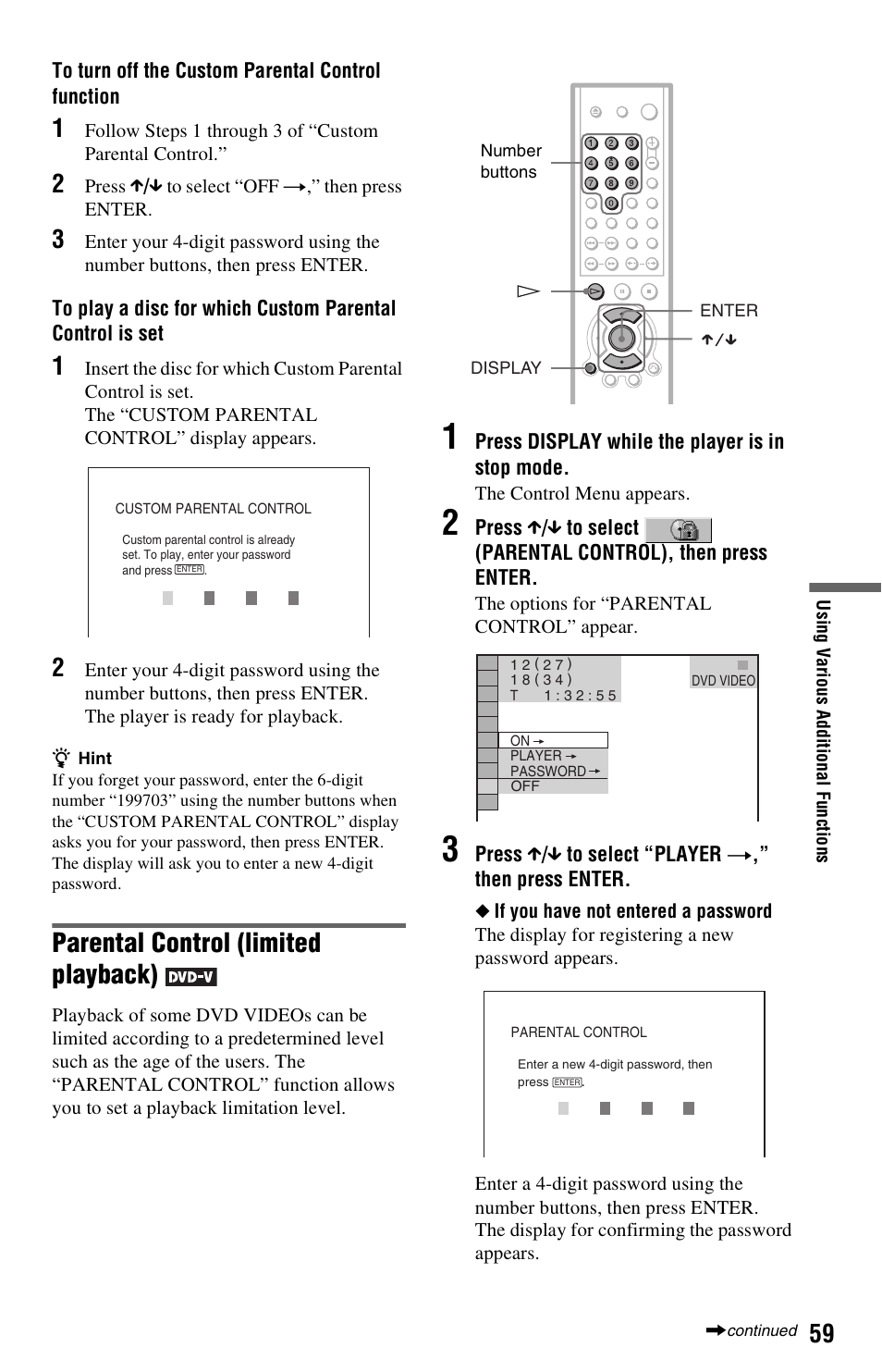 Parental control (limited playback) | Sony DVP-NS501P User Manual | Page 59 / 80