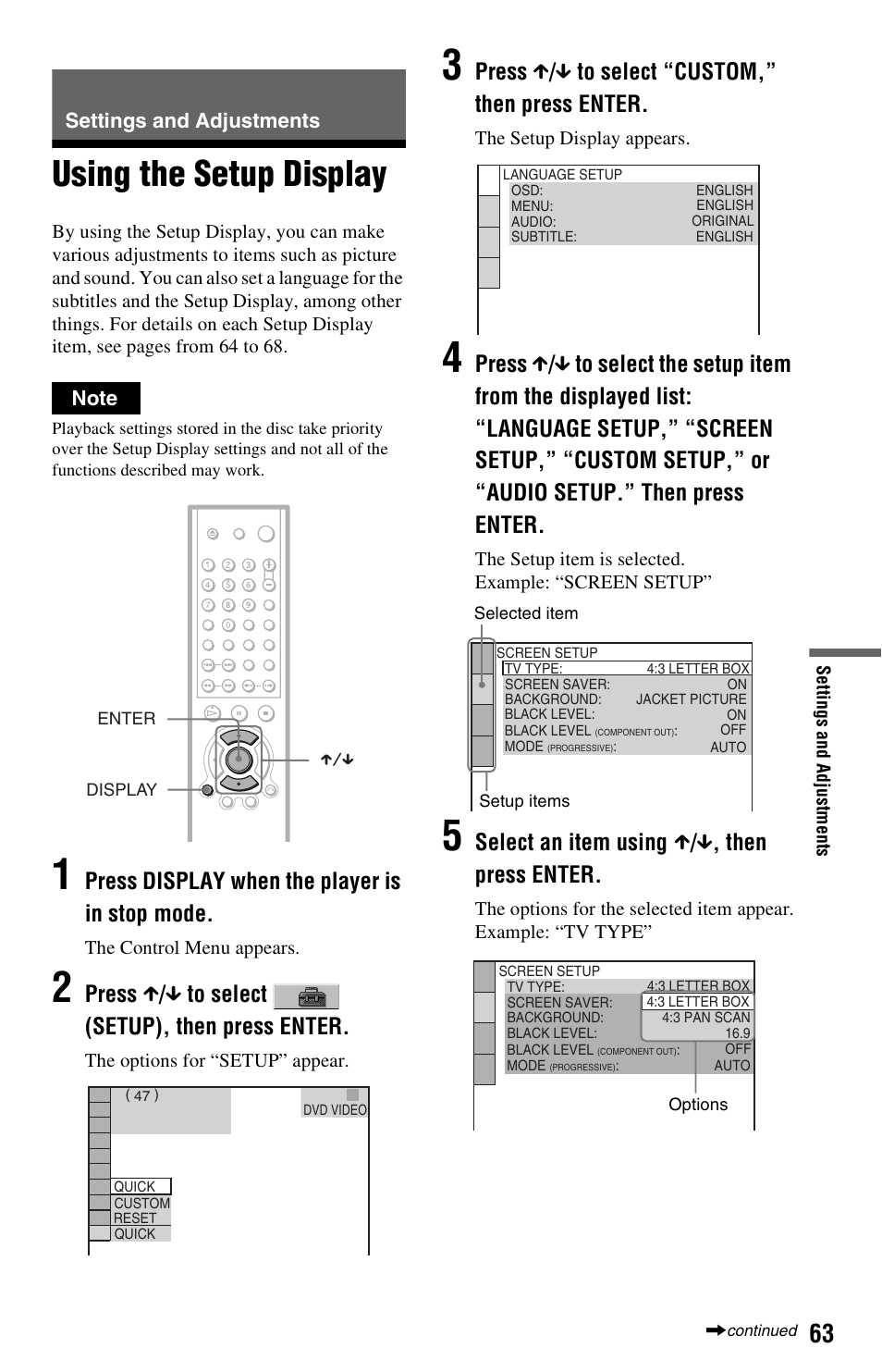 Settings and adjustments, Using the setup display, Press display when the player is in stop mode | Press x / x to select (setup), then press enter, Press x / x to select “custom,” then press enter, Select an item using x / x , then press enter | Sony DVP-NS501P User Manual | Page 63 / 80