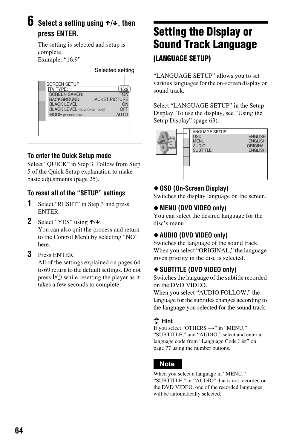 Setting the display or sound track language, Select a setting using x / x , then press enter, Language setup) | Sony DVP-NS501P User Manual | Page 64 / 80