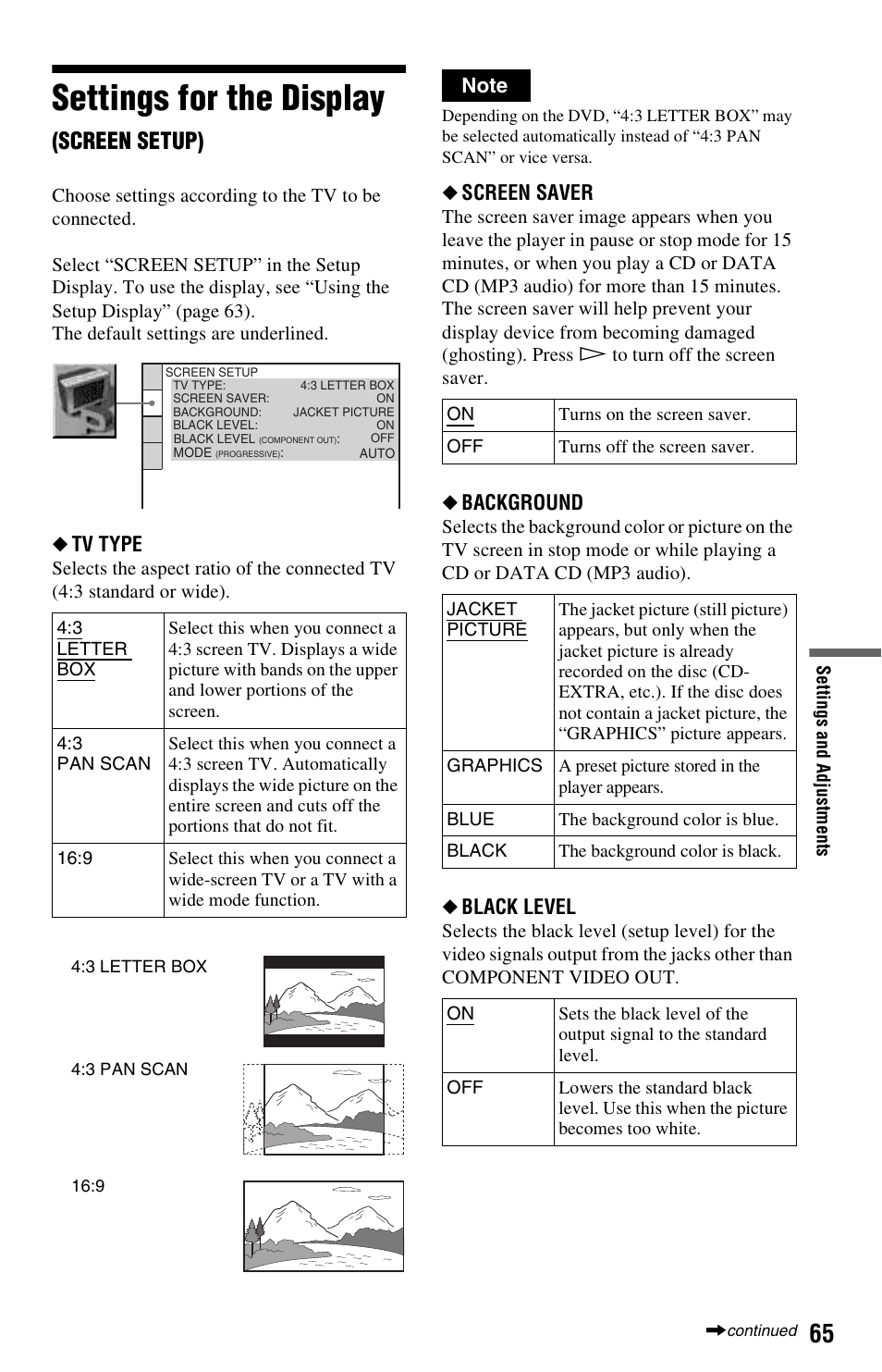 Settings for the display (screen setup), Settings for the display (scree, Settings for the display | Screen setup), Tv type, Screen saver, Background, Black level | Sony DVP-NS501P User Manual | Page 65 / 80