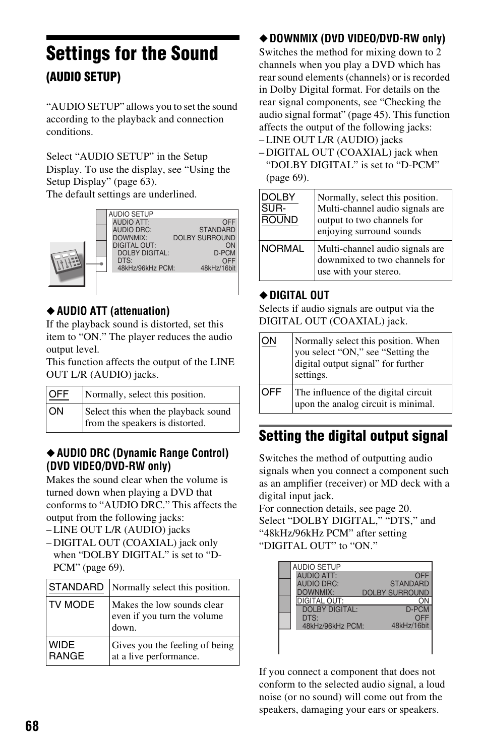 Settings for the sound (audio setup), Settings for the sound, Setting the digital output signal | Audio setup), Audio att (attenuation), Downmix (dvd video/dvd-rw only), Digital out | Sony DVP-NS501P User Manual | Page 68 / 80
