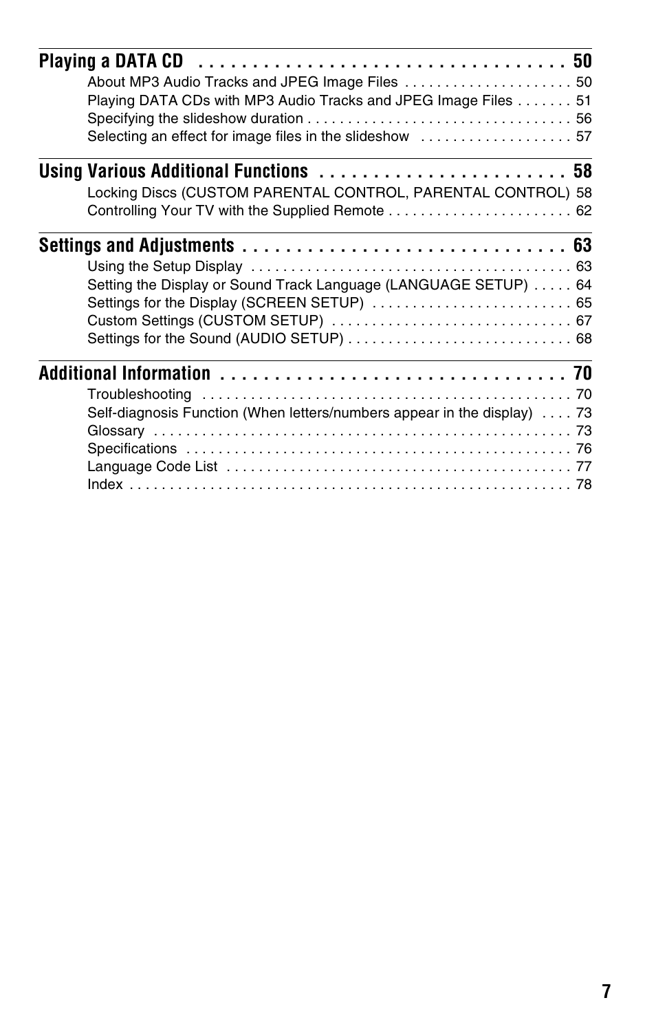 Playing a data cd 50, Using various additional functions 58, Settings and adjustments 63 | Additional information 70 | Sony DVP-NS501P User Manual | Page 7 / 80