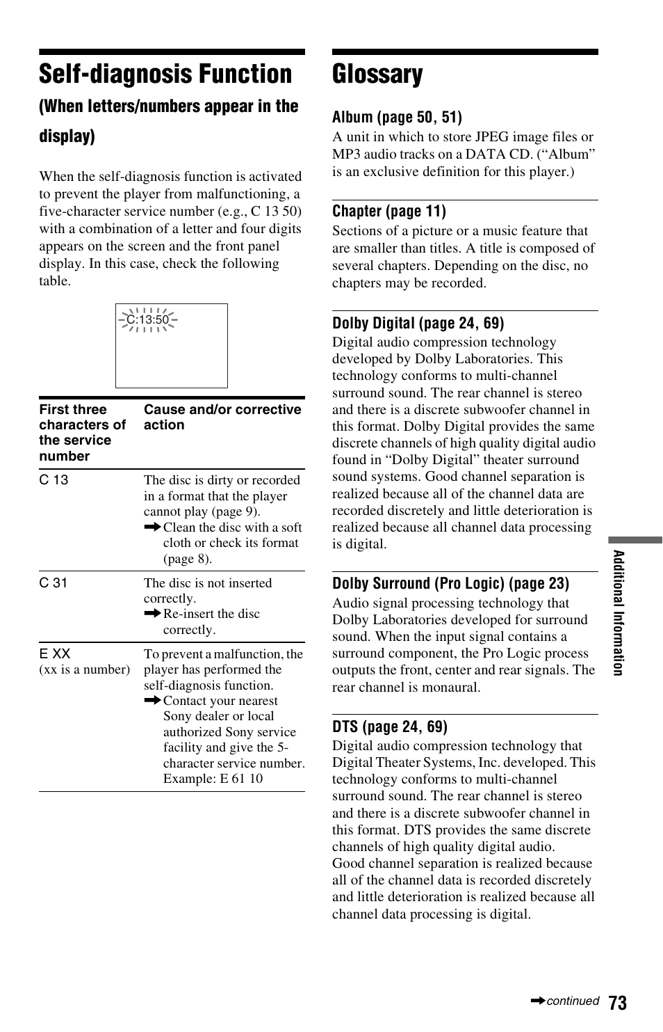 Glossary, Self-diagnosis function | Sony DVP-NS501P User Manual | Page 73 / 80