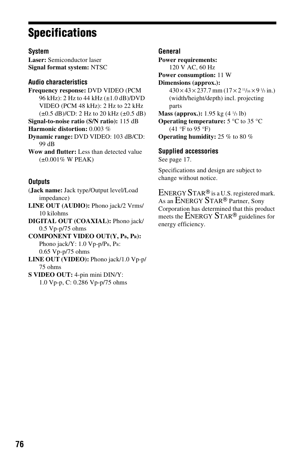 Specifications | Sony DVP-NS501P User Manual | Page 76 / 80