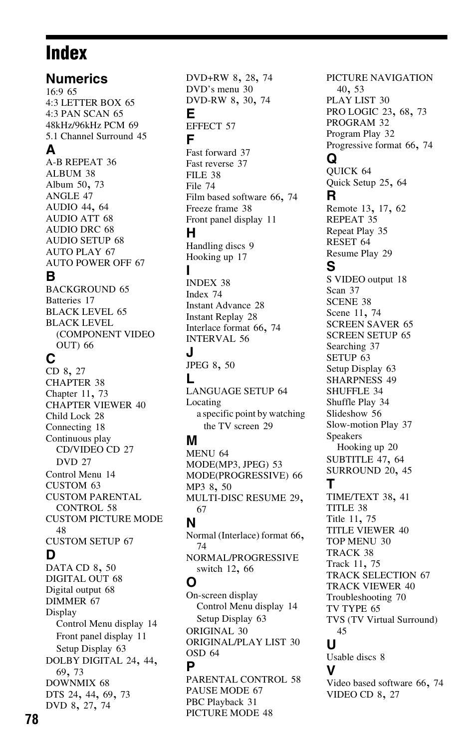 Index, Numerics | Sony DVP-NS501P User Manual | Page 78 / 80