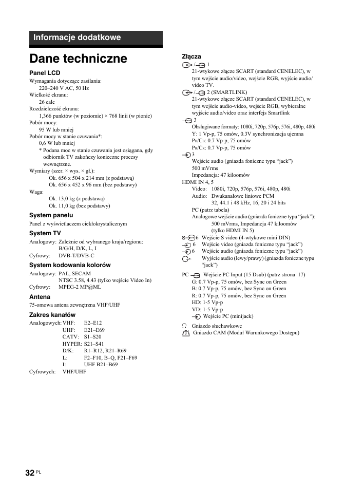 Dane techniczne, Informacje dodatkowe | Sony BRAVIA KDL-26T30 User Manual | Page 100 / 204