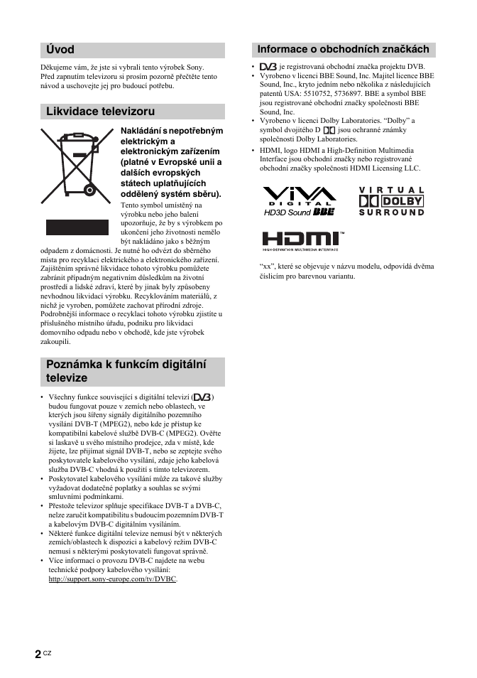 Informace o obchodních značkách | Sony BRAVIA KDL-26T30 User Manual | Page 104 / 204