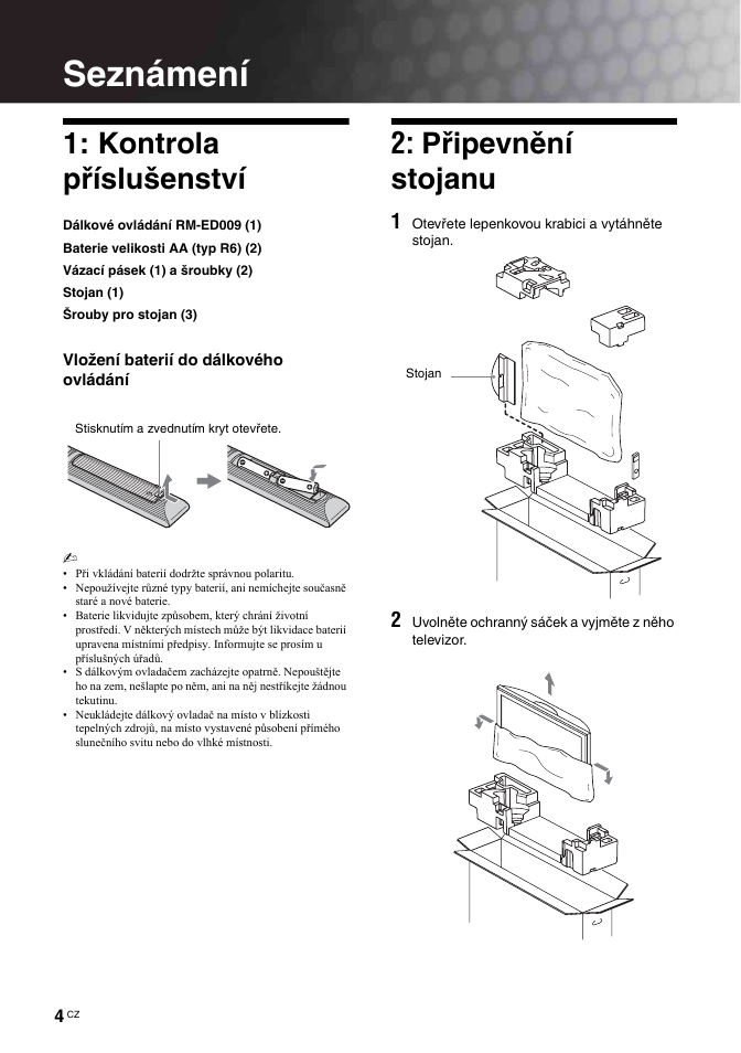 Seznámení, Kontrola příslušenství, Připevnění stojanu | Sony BRAVIA KDL-26T30 User Manual | Page 106 / 204