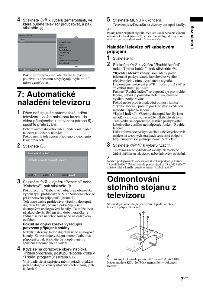 Automatické naladění televizoru, Odmontování stolního stojanu z televizoru | Sony BRAVIA KDL-26T30 User Manual | Page 109 / 204
