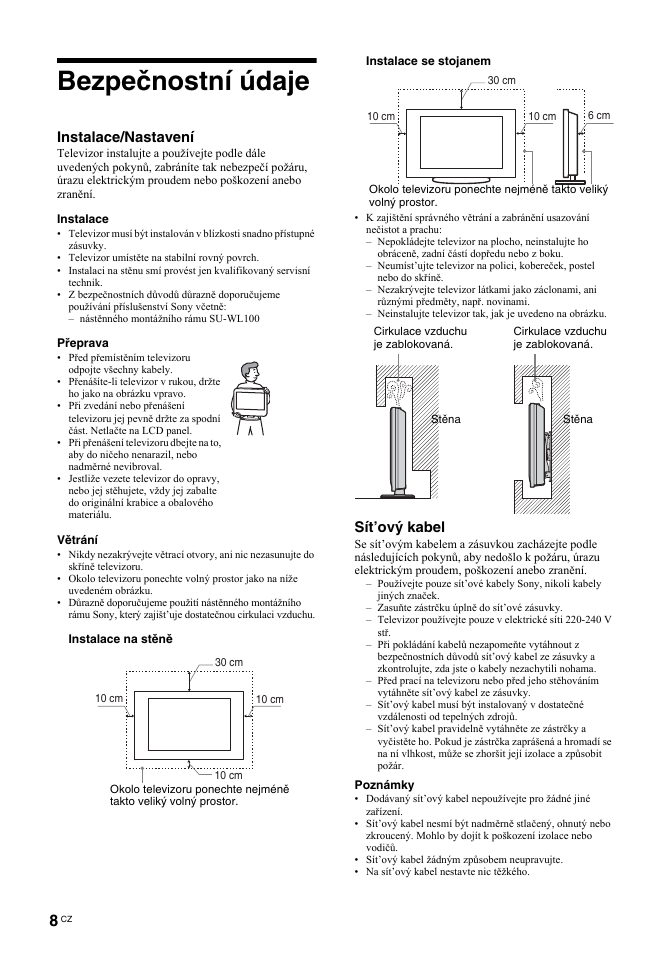 Bezpečnostní údaje, Instalace/nastavení, Sít’ový kabel | Sony BRAVIA KDL-26T30 User Manual | Page 110 / 204