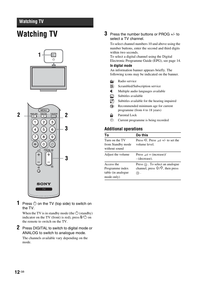 Watching tv | Sony BRAVIA KDL-26T30 User Manual | Page 12 / 204