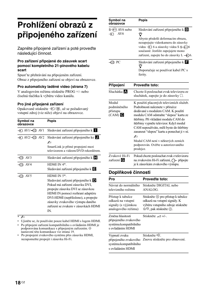 Prohlížení obrazů z připojeného zařízení, Doplňkové činnosti | Sony BRAVIA KDL-26T30 User Manual | Page 120 / 204