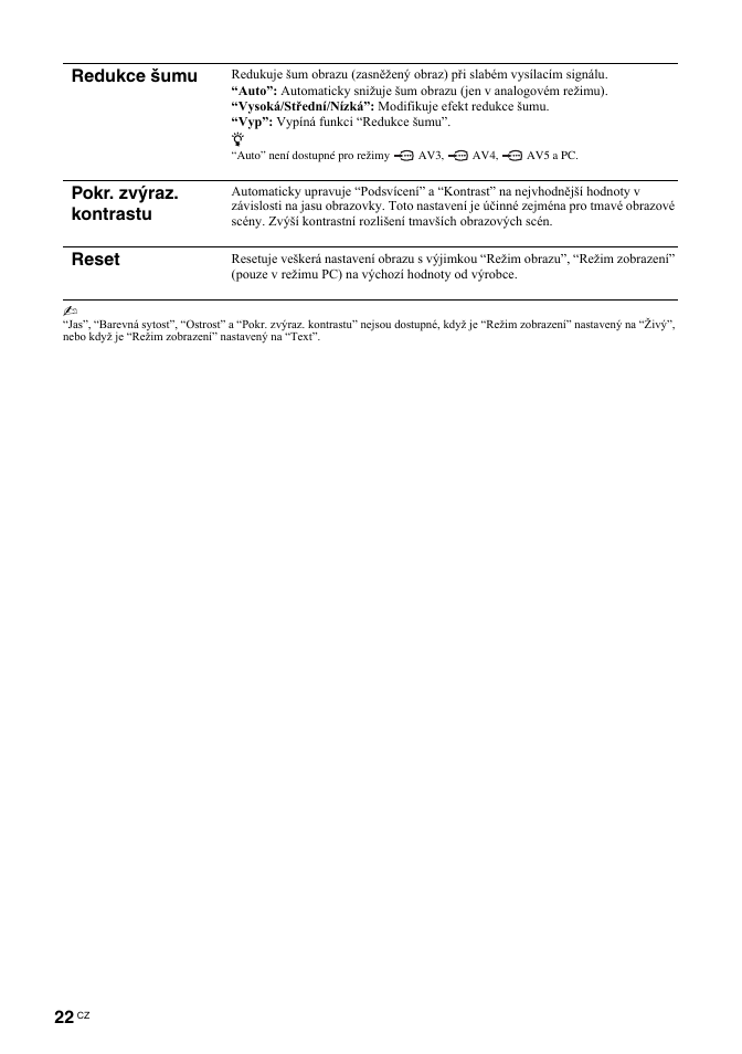 Redukce šumu, Pokr. zvýraz. kontrastu, Reset | Sony BRAVIA KDL-26T30 User Manual | Page 124 / 204