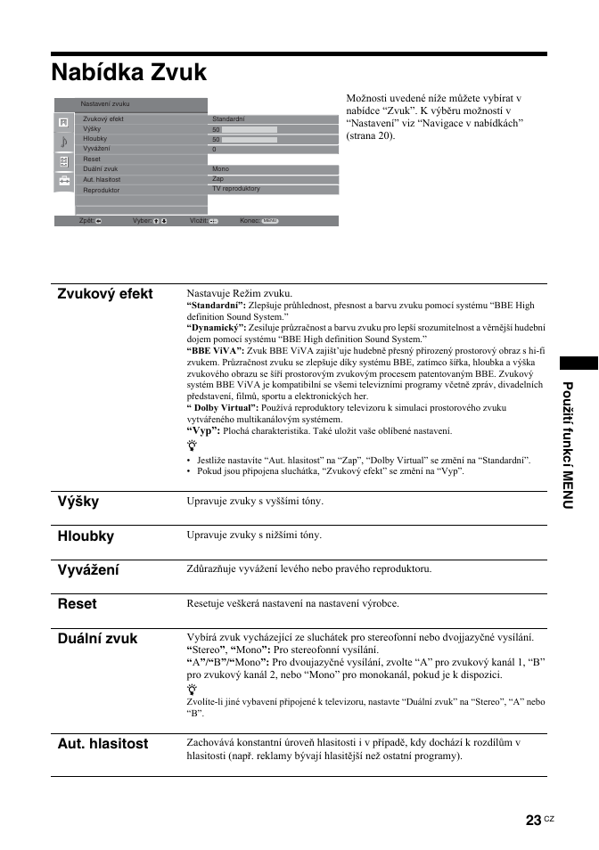 Nabídka zvuk, Zvukový efekt, Výšky | Hloubky, Vyvážení, Reset, Duální zvuk, Aut. hlasitost, Použití funkcí menu | Sony BRAVIA KDL-26T30 User Manual | Page 125 / 204