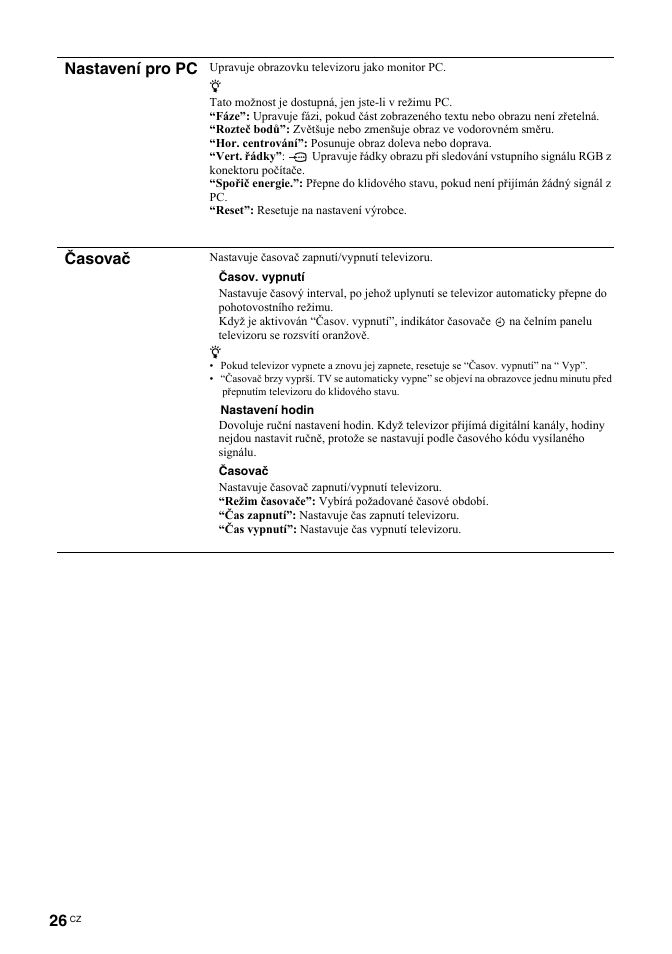 Nastavení pro pc, Časovač | Sony BRAVIA KDL-26T30 User Manual | Page 128 / 204