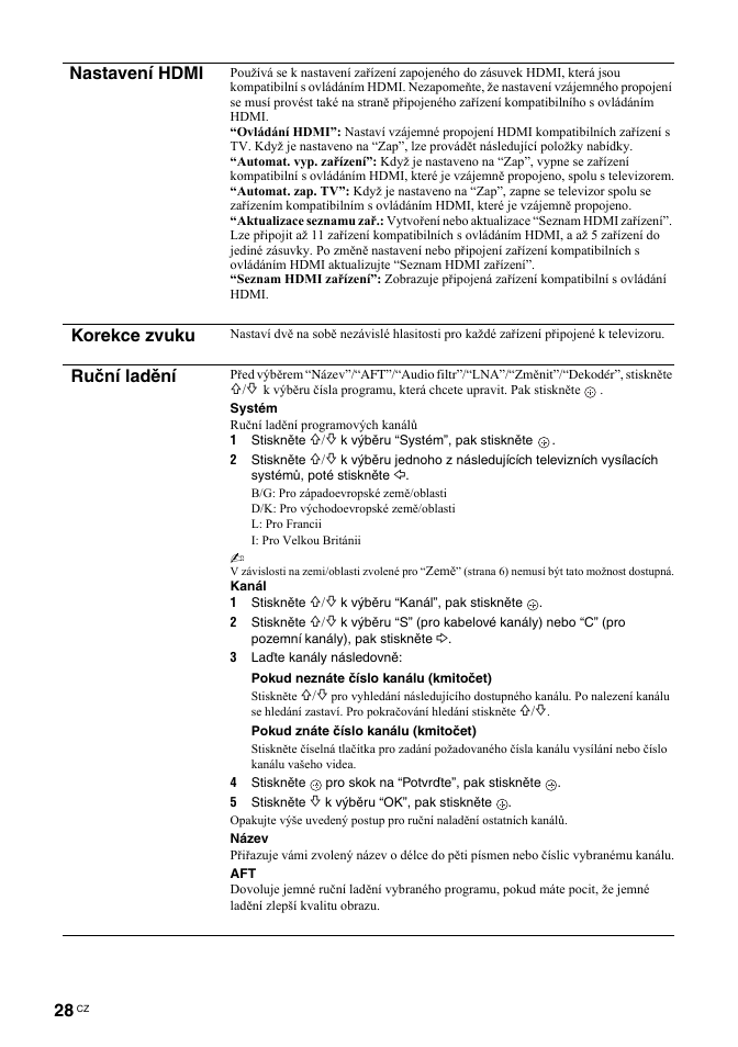 Nastavení hdmi, Korekce zvuku, Ruční ladění | Sony BRAVIA KDL-26T30 User Manual | Page 130 / 204