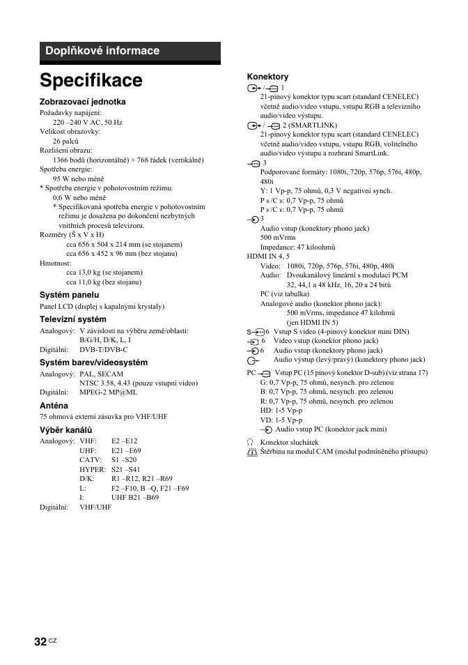 Specifikace, Doplňkové informace | Sony BRAVIA KDL-26T30 User Manual | Page 134 / 204