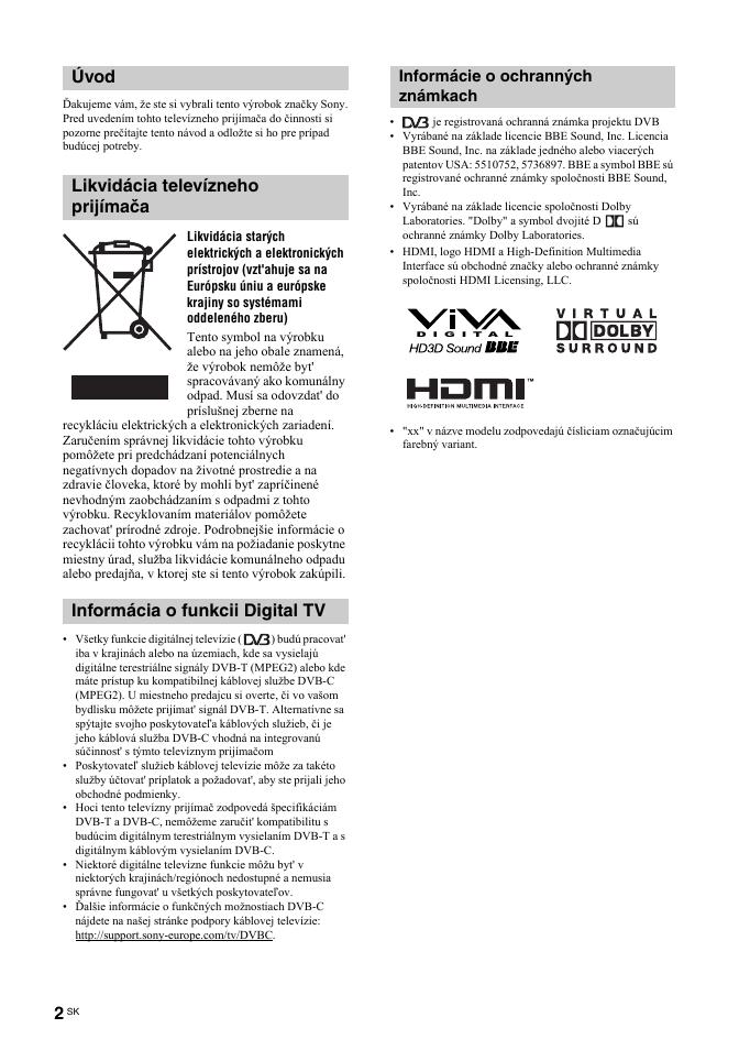 Informácie o ochranných známkach | Sony BRAVIA KDL-26T30 User Manual | Page 138 / 204