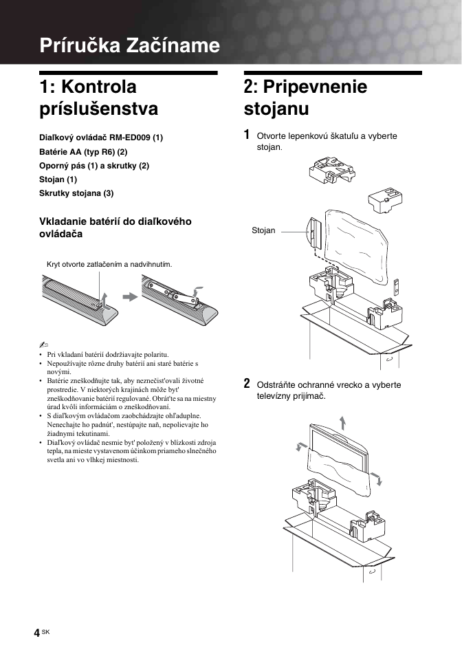 Príručka začíname, Kontrola príslušenstva, Pripevnenie stojanu | Sony BRAVIA KDL-26T30 User Manual | Page 140 / 204