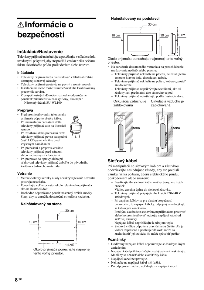 Informácie o bezpečnosti, Inštalácia/nastavenie, Siet'ový kábel | Sony BRAVIA KDL-26T30 User Manual | Page 144 / 204