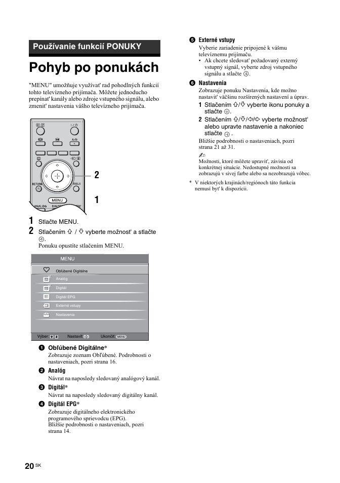 Pohyb po ponukách, Používanie funkcií ponuky | Sony BRAVIA KDL-26T30 User Manual | Page 156 / 204