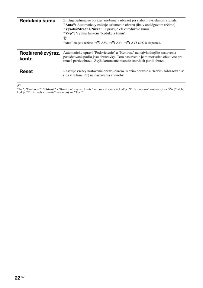 Redukcia šumu, Rozšírené zvýraz. kontr, Reset | Sony BRAVIA KDL-26T30 User Manual | Page 158 / 204