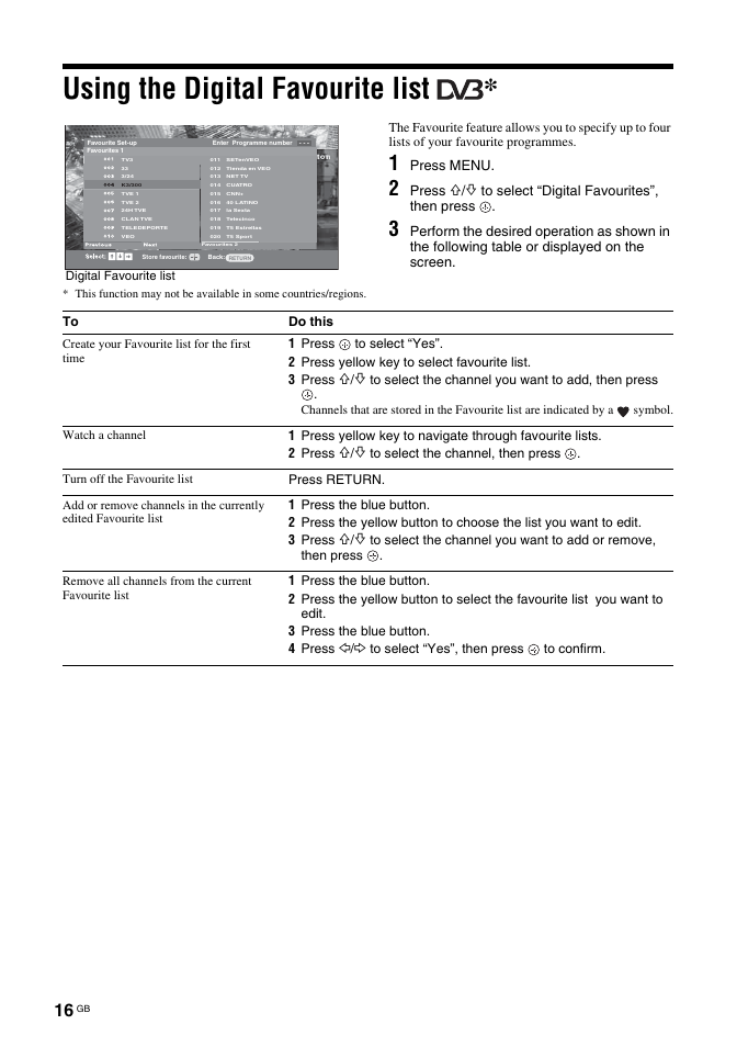 Using the digital favourite list, Press menu, Press | Sony BRAVIA KDL-26T30 User Manual | Page 16 / 204